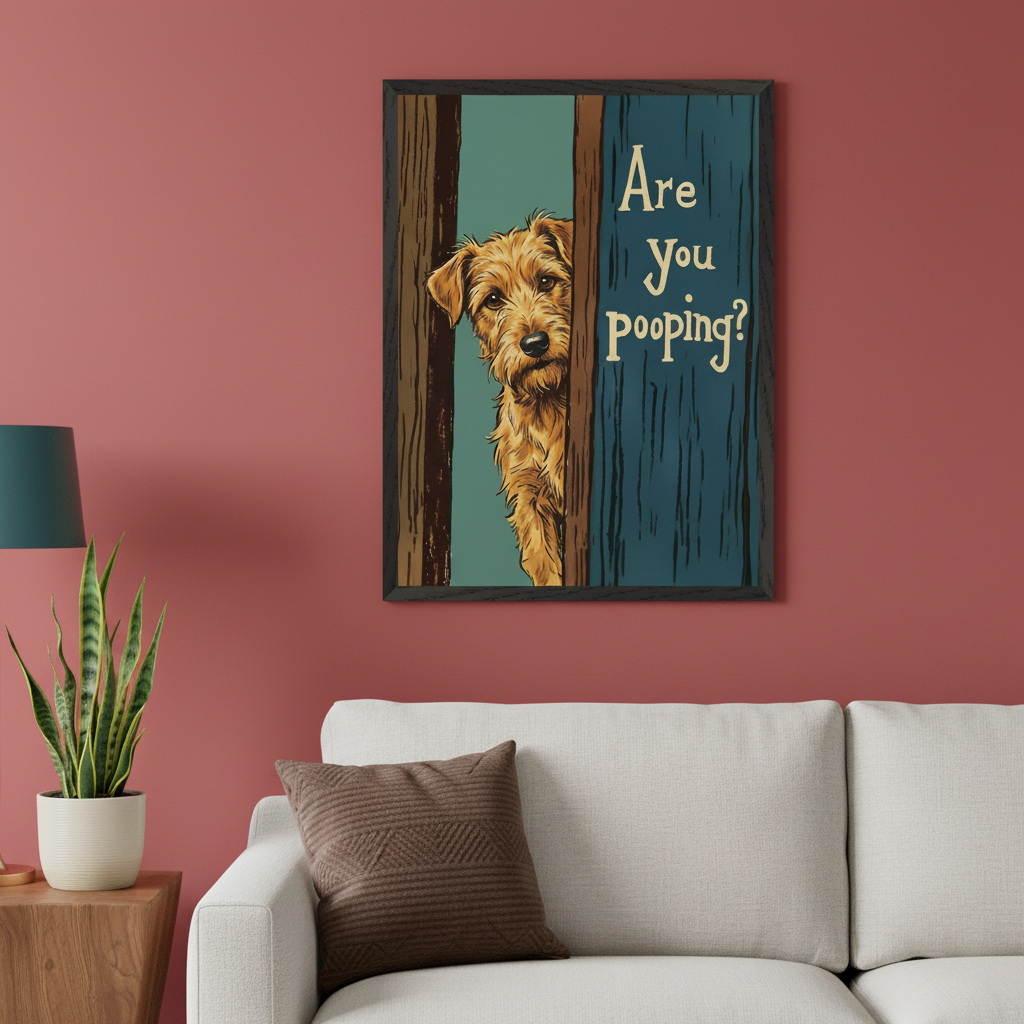 Modern living room with a light beige sectional sofa and a wooden side table. A framed humorous illustration of a dog peeking from behind a door with the text 'Are You Pooping?' hangs centered above the sofa.