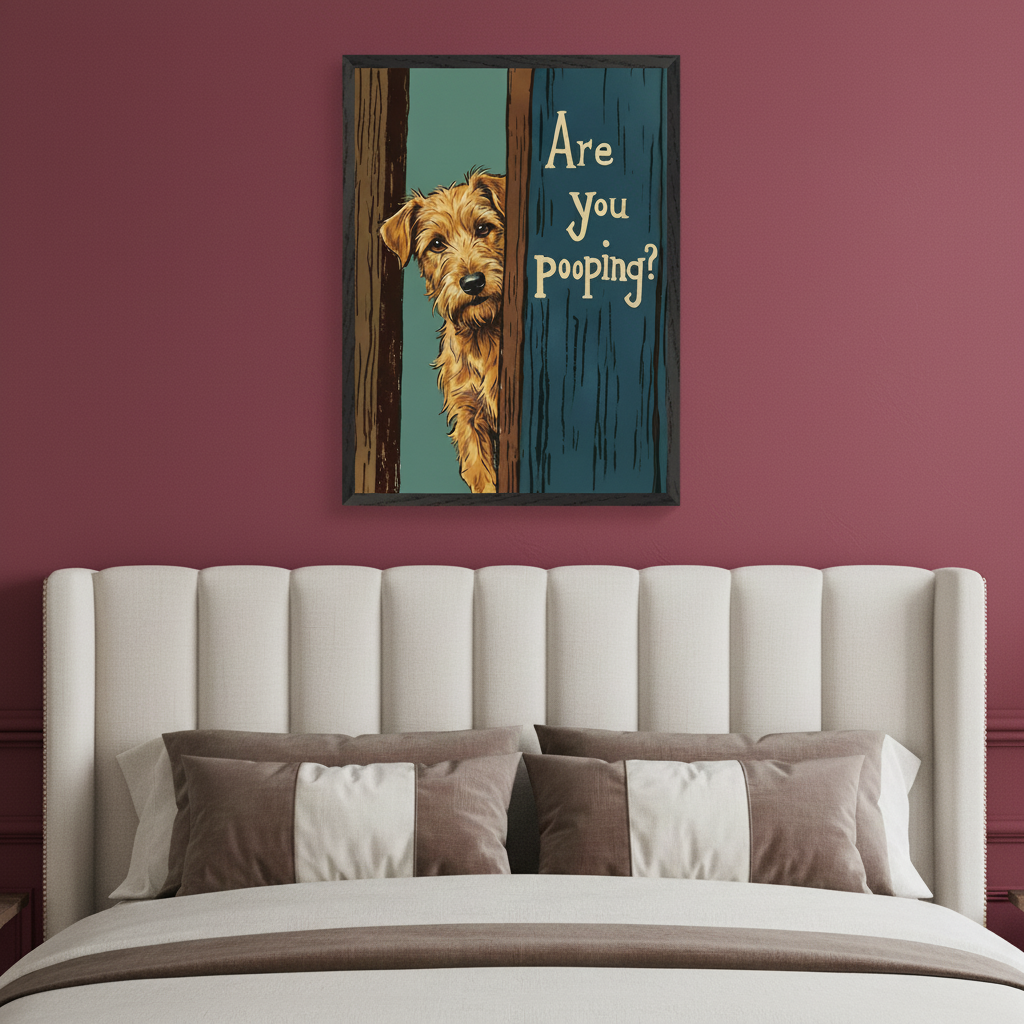 Modern bedroom with a white upholstered headboard against a maroon wall. A framed illustration of a brown terrier dog peeking from behind a blue door with "Are You Pooping?" text hangs above the bed.