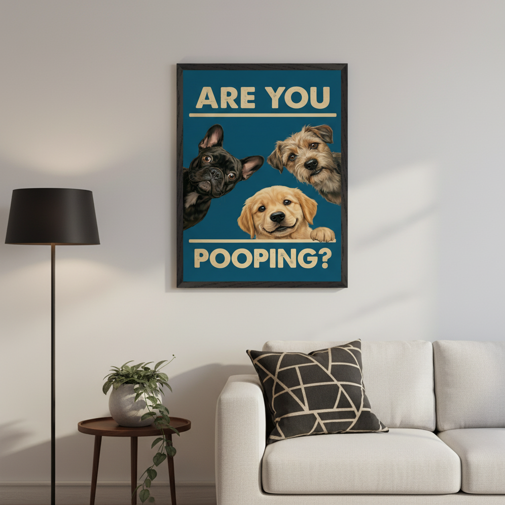 Modern living room with a white sectional sofa, dark wooden side table, and black floor lamp. Above the sofa, to the right of the lamp, hangs a framed poster of three peeking dogs (French bulldog, terrier, golden retriever puppy) with the text "ARE YOU POOPING?".