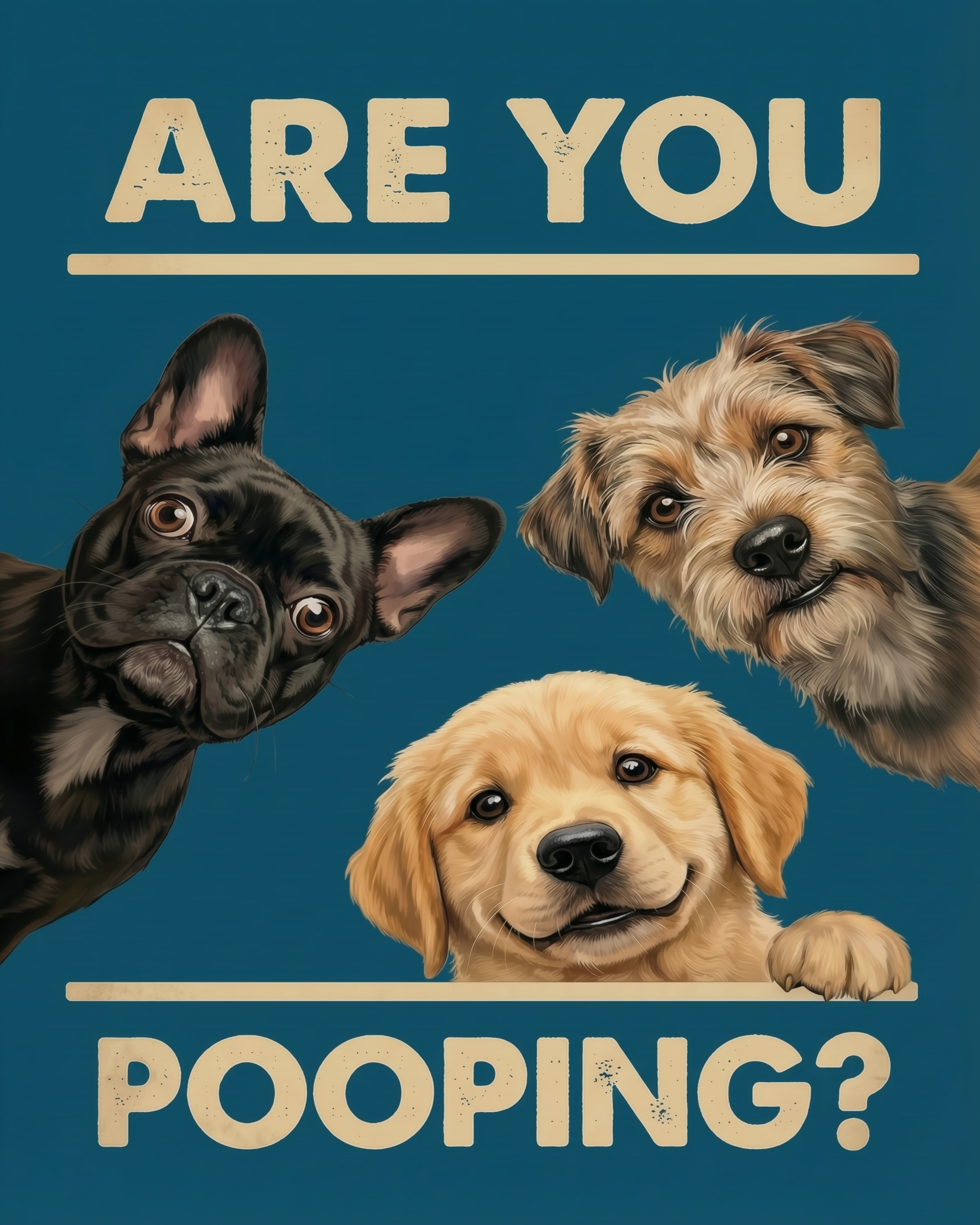 Humorous poster with three illustrated dogs—a French bulldog, golden retriever puppy, and scruffy terrier—peeking around the frame with bold text asking “Are you pooping?”