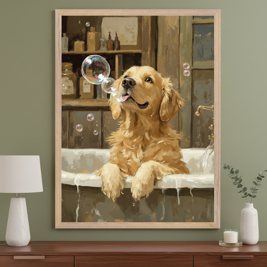 Living room with a dark wood console table. A large framed painting of a golden retriever in a bathtub looking at bubbles hangs centered above the table. A white lamp, a vase with greenery, and a candle are on the table.