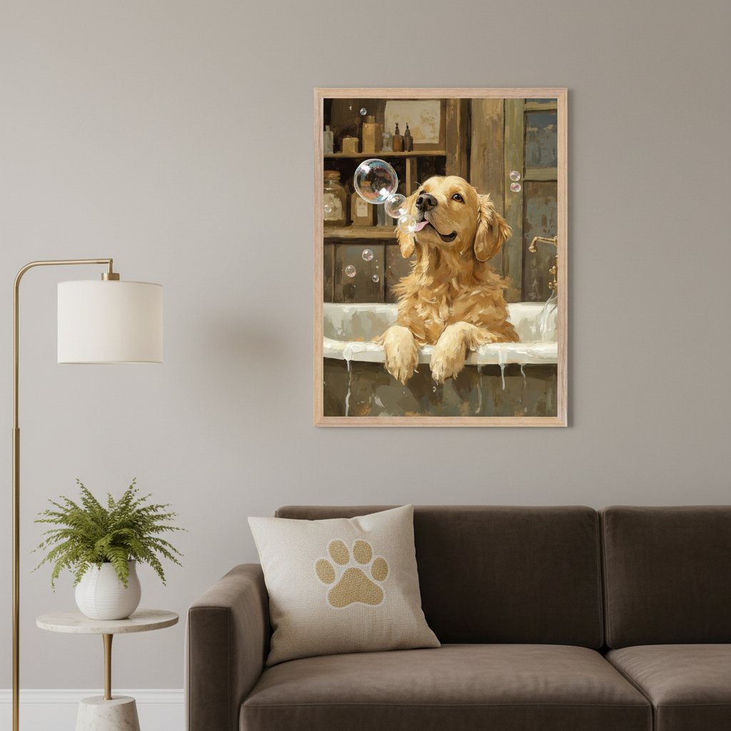 Modern living room with a dark brown sofa and a gold floor lamp against a light gray wall. A framed oil painting of a golden retriever dog in a bathtub with bubbles hangs above the sofa.