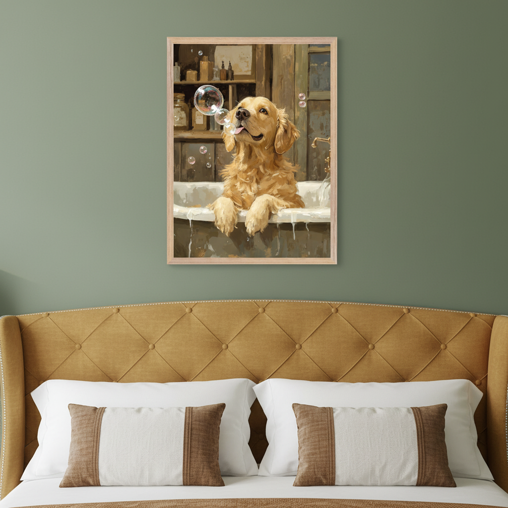 Bedroom with a gold tufted headboard bed. A framed painting of a golden retriever in a bathtub looking at bubbles hangs centered above the bed.