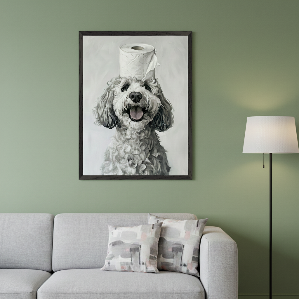 Living room with a light grey sofa and a black floor lamp. A framed monochromatic painting of a happy dog with a toilet paper roll on its head hangs above the sofa.