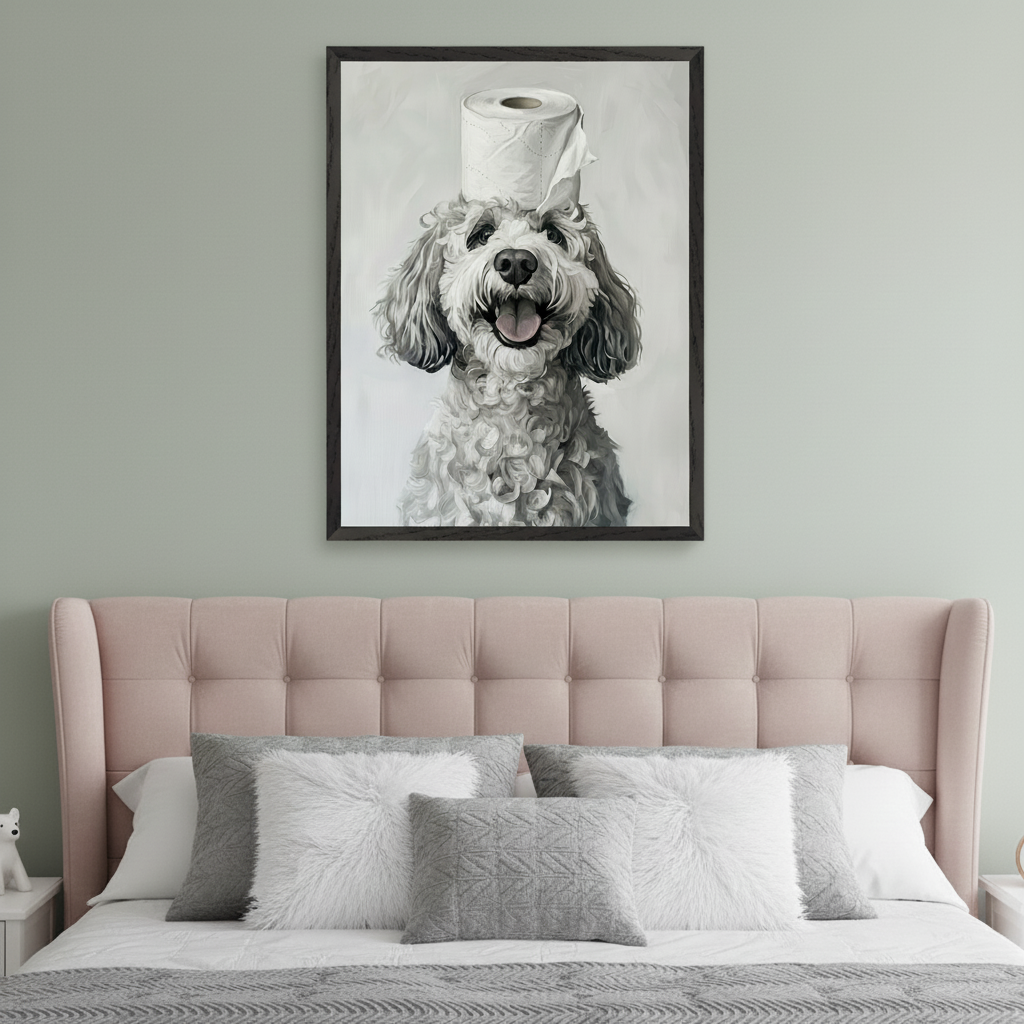 Modern bedroom with a pink tufted headboard. A framed painting of a happy, curly white dog with a toilet paper roll on its head hangs above the bed on a light green wall.