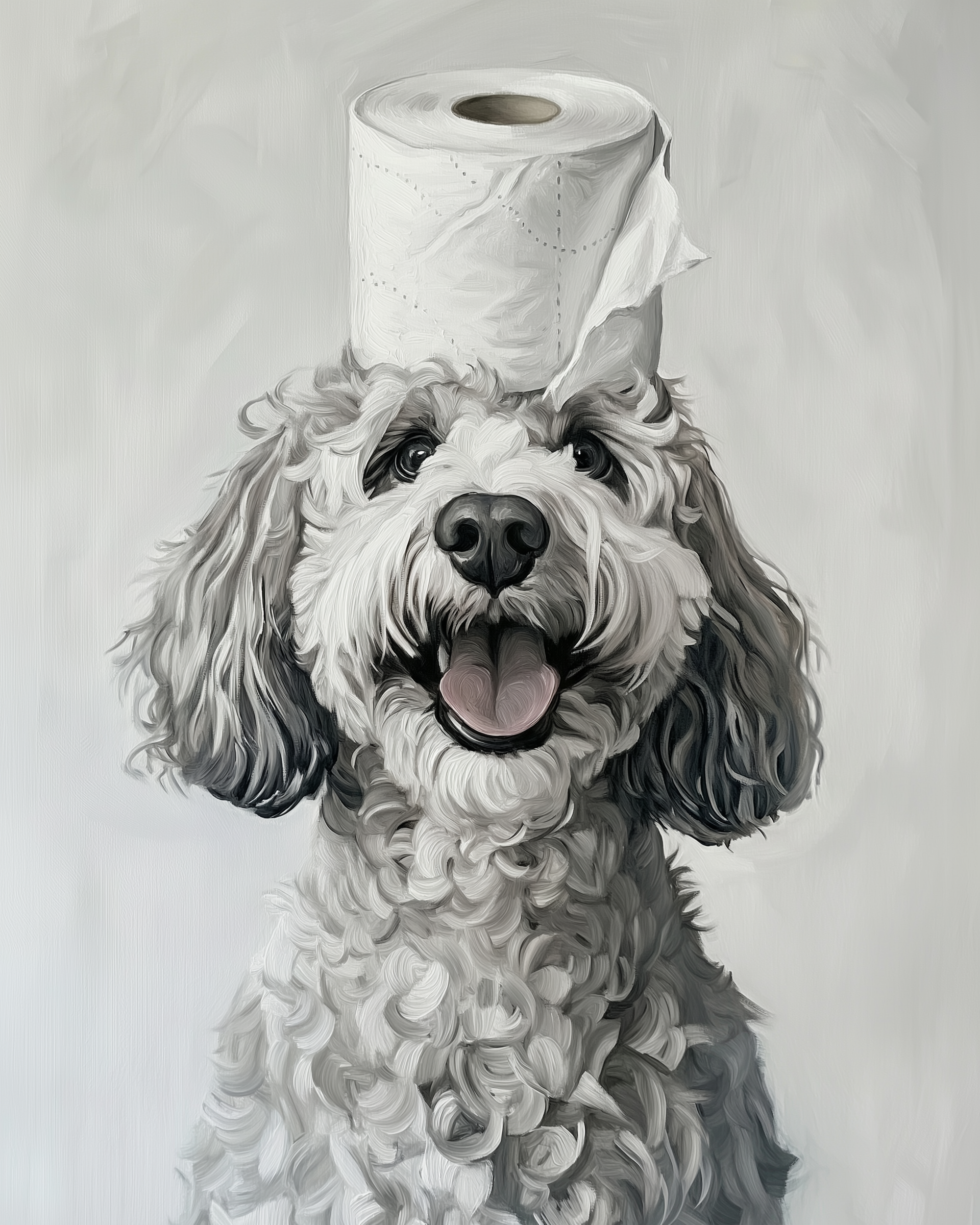 A fluffy white poodle sits happily with a roll of toilet paper balanced on its head, tongue out and looking cheerful. The clean, neutral background keeps the focus on the humorous moment.
