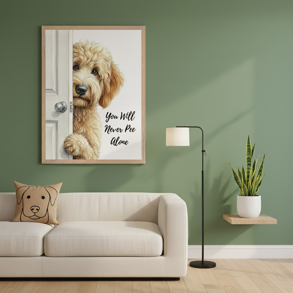 Modern living room with a light beige sofa. A framed illustration of a fluffy dog peeking from behind a door, with text 'You Will Never Pee Alone', hangs on a green wall above the left side of the sofa.