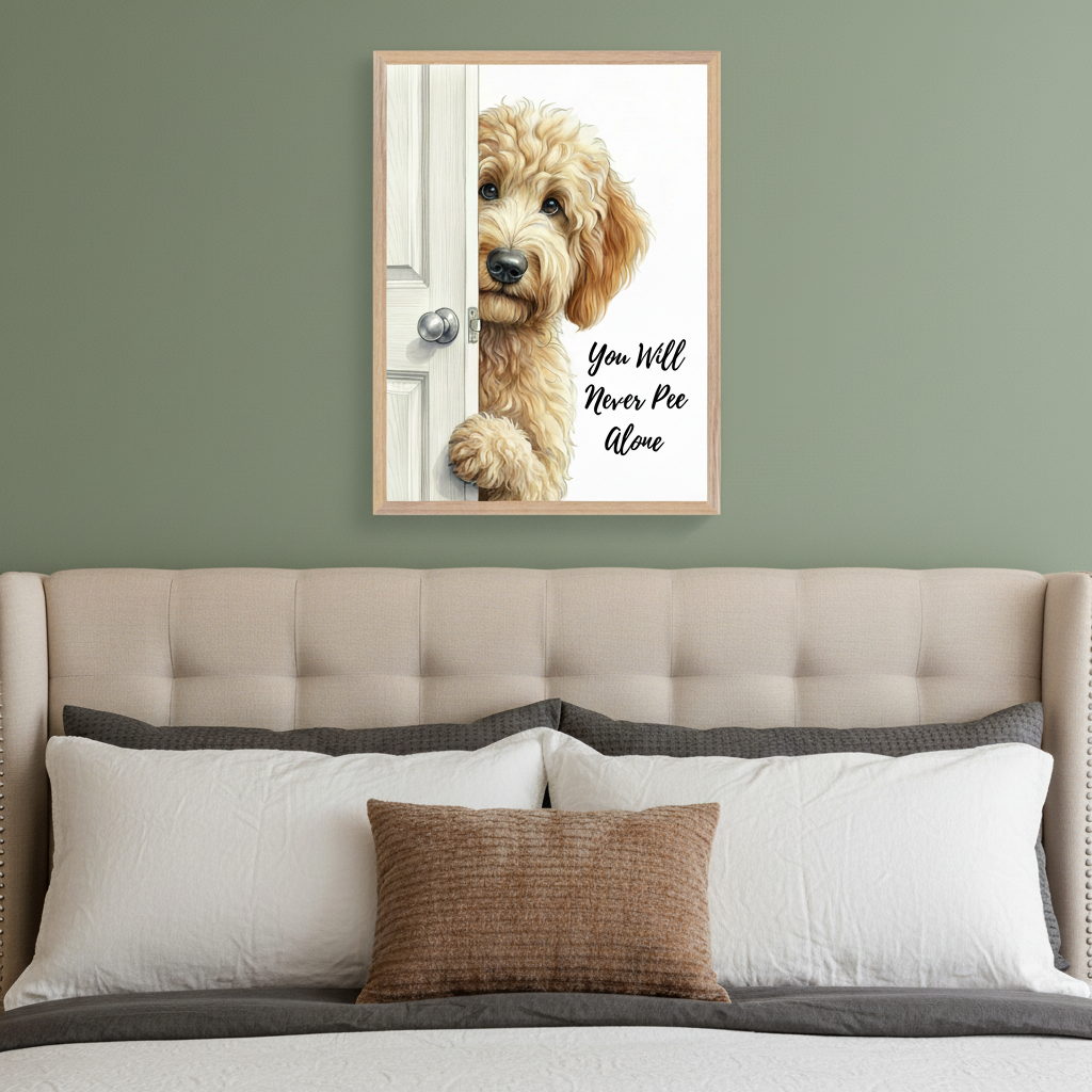 Bedroom with a beige tufted headboard bed. Framed wall art depicting a cartoon Golden Doodle dog peeking from a white door with text "You Will Never Pee Alone" hangs above the bed.