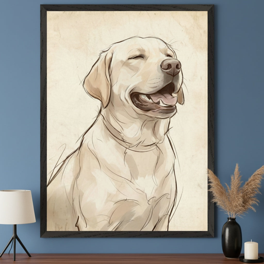 Modern room with a wooden console table. A large black-framed sketch of a smiling yellow Labrador retriever on an aged paper background hangs on a blue wall above the table. A white lamp, a vase with pampas grass, and a candle are on the table.