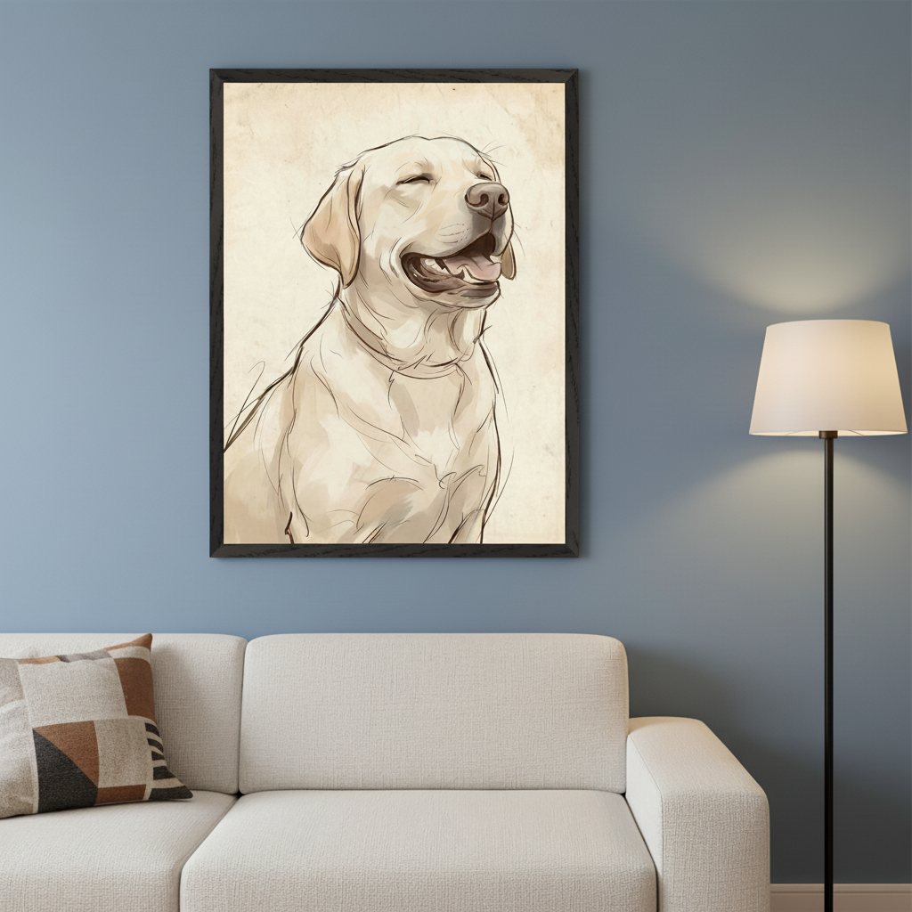 Modern living room with a light beige sofa and a patterned pillow. A black floor lamp with a white shade is on the right. A large framed sketch of a happy cream Labrador dog with watercolor accents hangs above the sofa, left of the lamp.