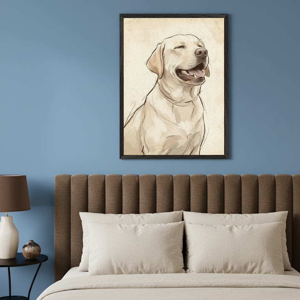 Modern bedroom with a brown upholstered bed. A black-framed sketch and watercolor print of a happy golden Labrador hangs centered above the bed on a blue wall. A side table with a lamp is to the left.