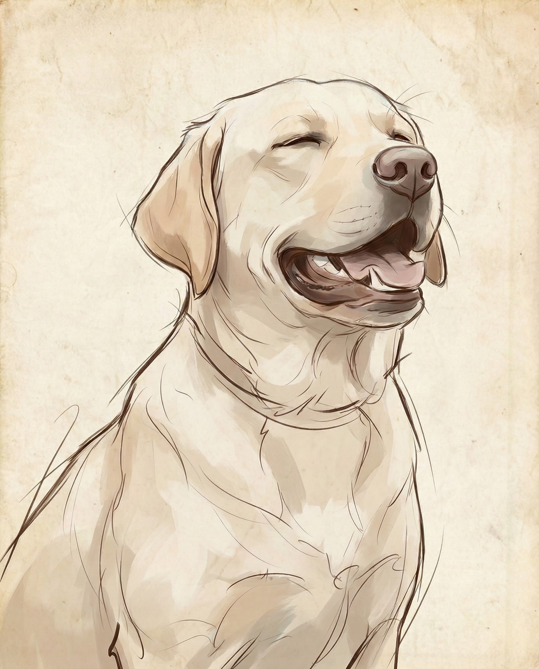 Hand-drawn sketch of a light-colored Labrador Retriever with eyes closed and mouth open in a wide smile capturing a joyful and relaxed mood on a softly textured beige background