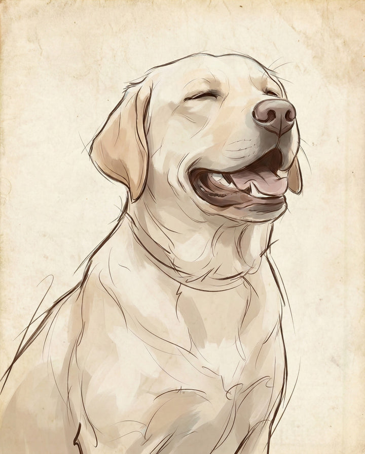 Hand-drawn sketch of a light-colored Labrador Retriever with eyes closed and mouth open in a wide smile capturing a joyful and relaxed mood on a softly textured beige background