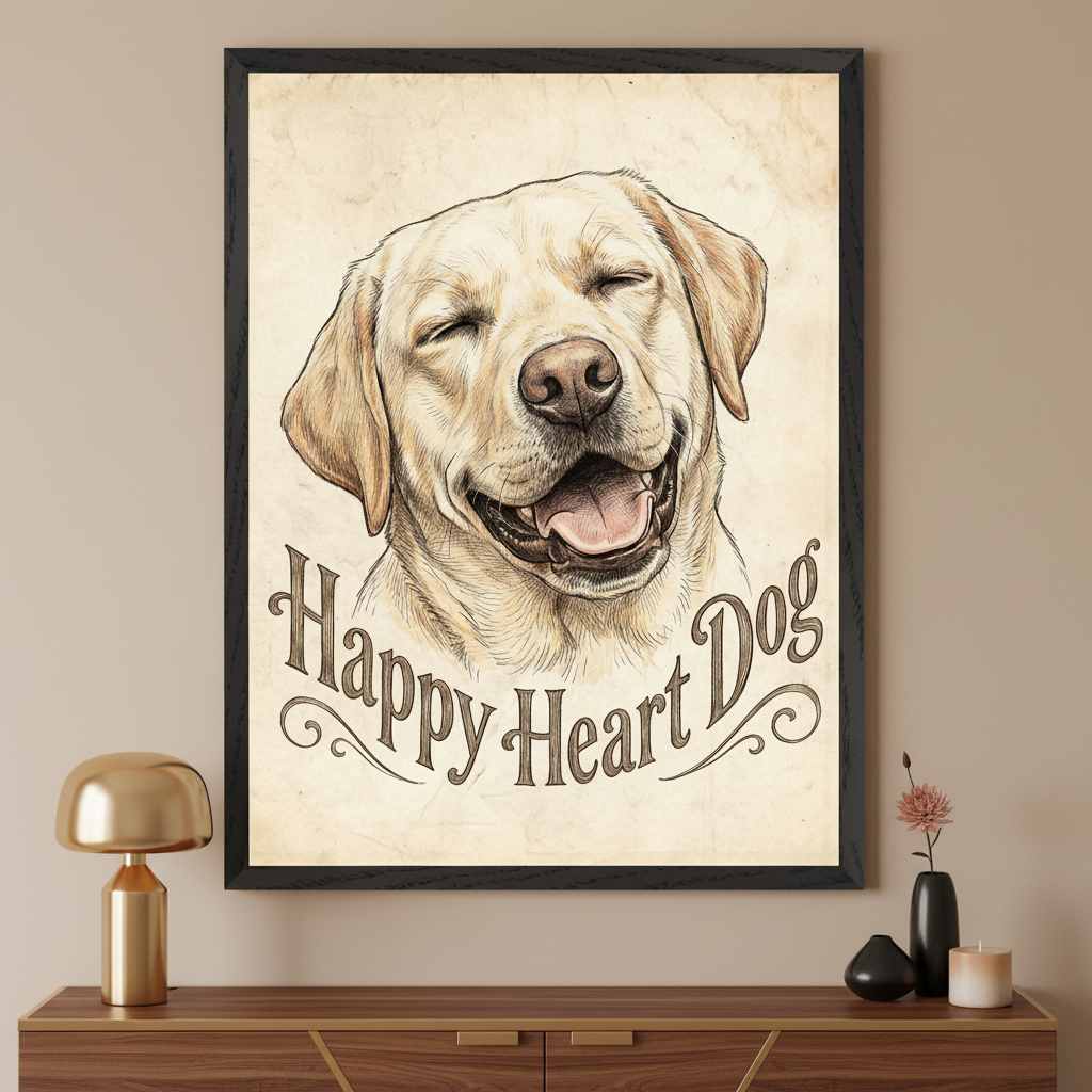 Modern room with a wooden console table. A large framed illustration of a smiling yellow Labrador retriever with closed eyes and the text 'Happy Heart Dog' on aged paper hangs centered above the table.