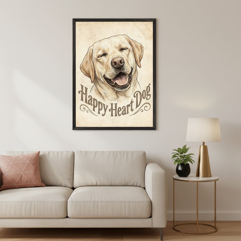 Modern living room with a light beige sofa and a pink pillow. A black-framed drawing of a smiling yellow Labrador with "Happy Heart Dog" text on vintage-style paper hangs above the sofa. A gold side table with a lamp and plant is to the right.