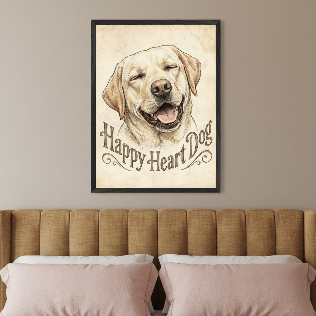 Modern bedroom with a tan upholstered headboard and pink pillows. A black-framed drawing of a smiling yellow Labrador Retriever with "Happy Heart Dog" text hangs above the bed.