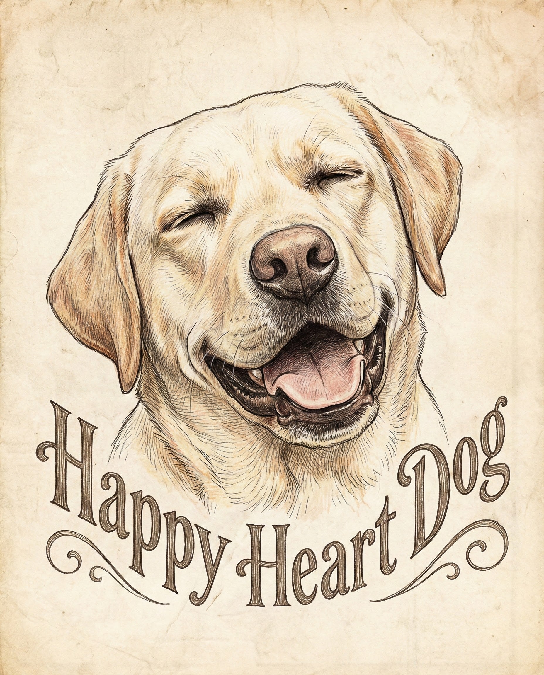A hand-drawn illustration of a joyful golden Labrador retriever with eyes closed and mouth open in a wide smile surrounded by the text “Happy Heart Dog” creating a warm and uplifting dog wall art piece.
