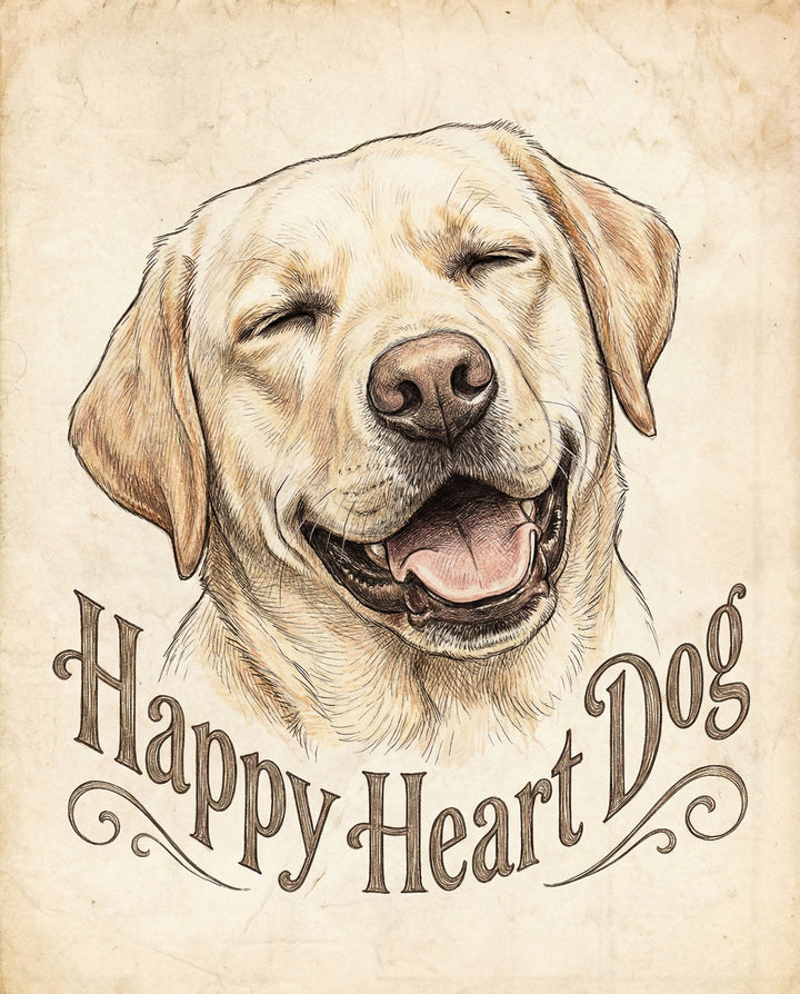 A hand-drawn illustration of a joyful golden Labrador retriever with eyes closed and mouth open in a wide smile surrounded by the text “Happy Heart Dog” creating a warm and uplifting dog wall art piece.
