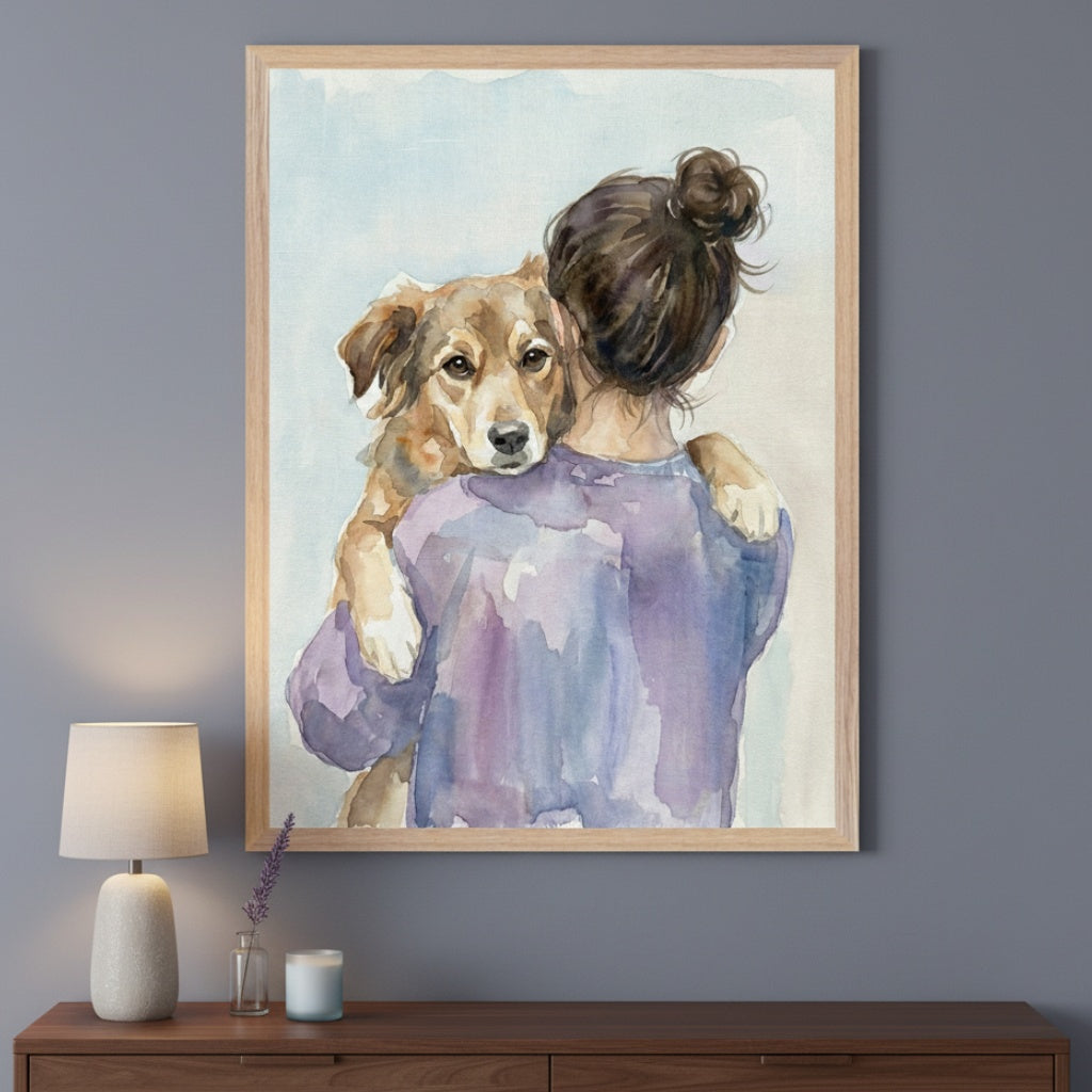 Modern room with a dark wooden dresser. A large framed watercolor painting of a person in a purple shirt hugging a brown dog, which looks over their shoulder, hangs above the dresser on a gray wall.