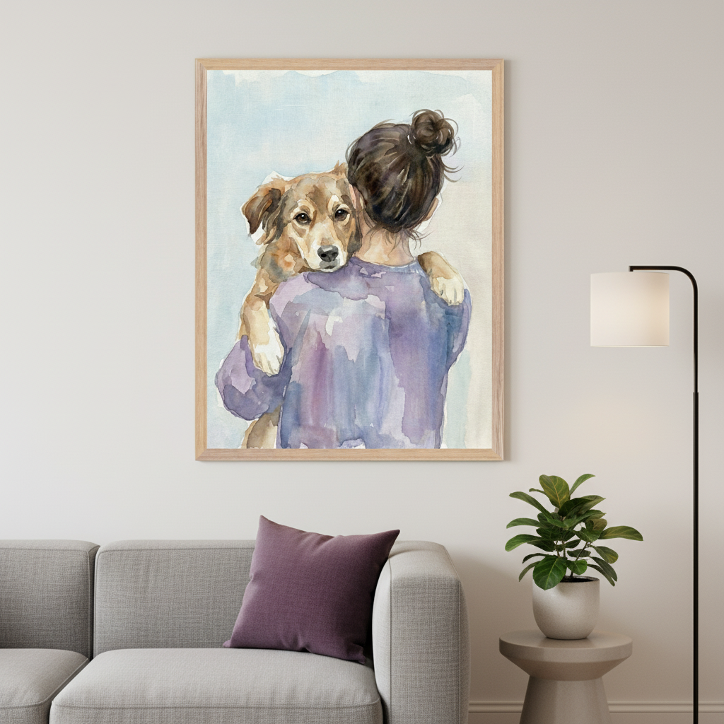 Living room with a grey sofa. A large framed watercolor painting of a person holding a brown dog hangs centered above the left section of the sofa. A floor lamp and a plant on a side table are on the right.