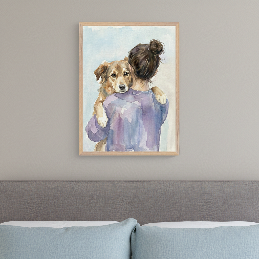 Bedroom with a grey upholstered bed and light blue pillows. A framed watercolor painting of a person hugging a brown dog is centered above the bed.