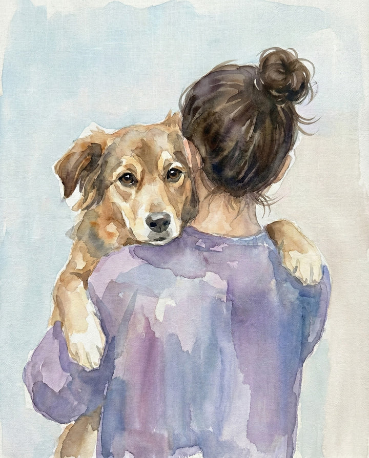 A gentle watercolor painting of a woman with a messy bun holding a brown dog over her shoulder as the dog looks forward with soft eyes creating a heartwarming pet and owner wall art moment.
