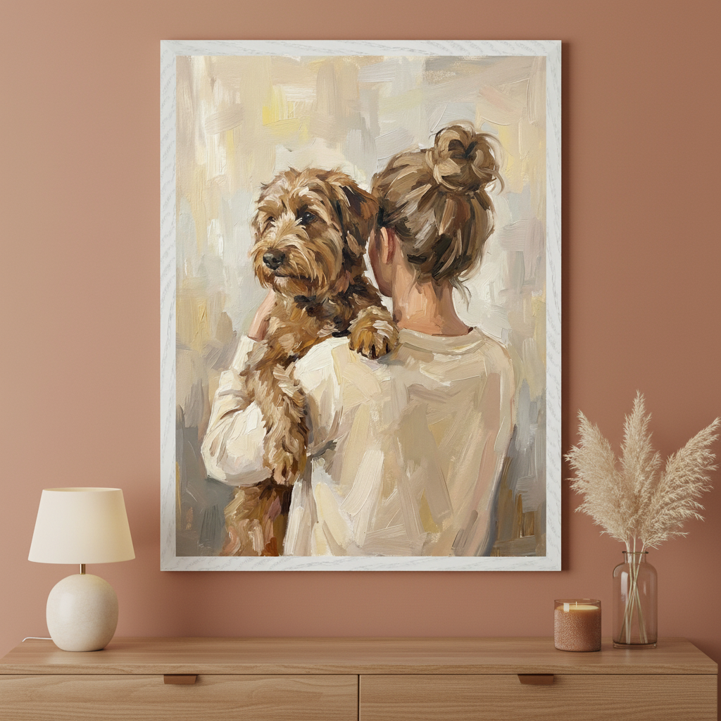 Modern room with a wooden dresser. Above it, a framed oil painting depicts a woman from behind holding a brown dog. The impressionistic style features thick brushstrokes and a light, abstract background. A lamp, candle, and pampas grass sit on the dresser.