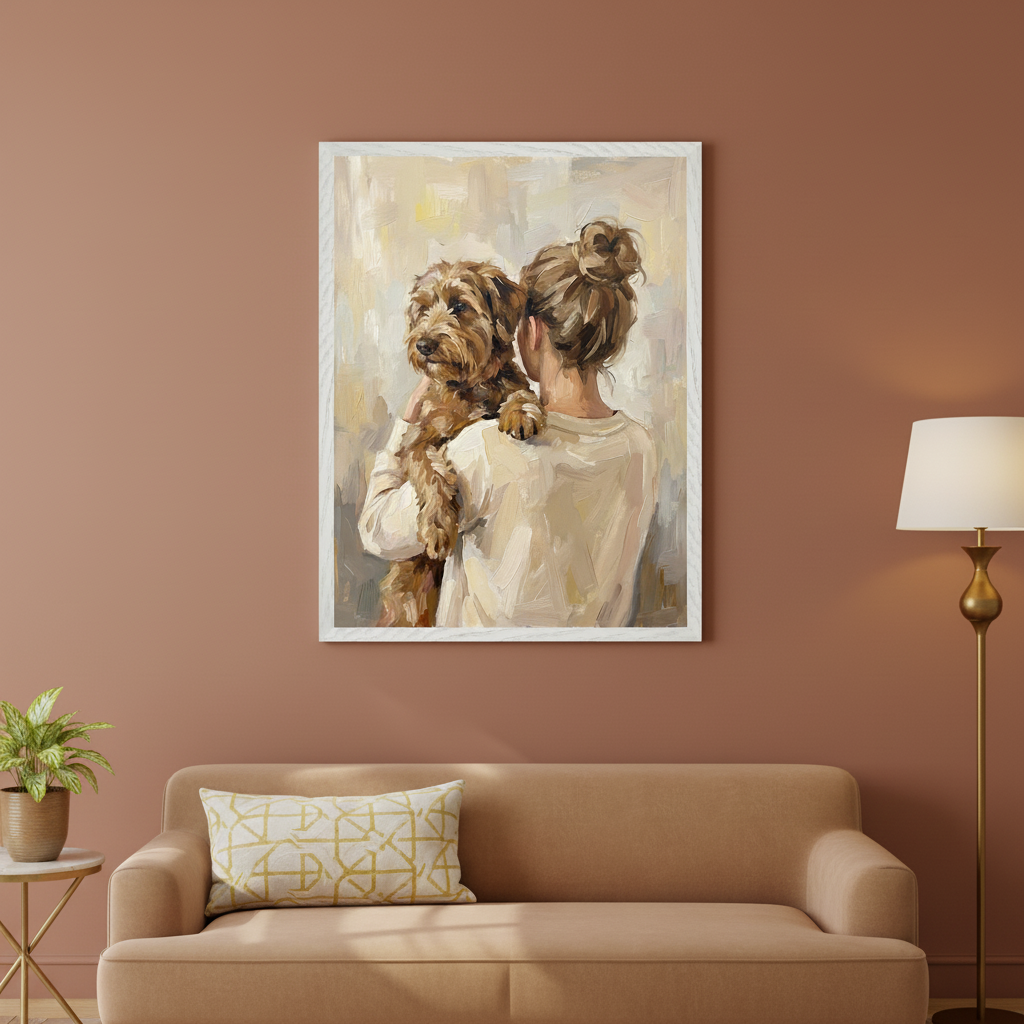 Living room with a tan sofa. A large framed oil painting with visible brushstrokes of a woman holding a fluffy brown dog hangs centered above the sofa. A gold floor lamp and a small plant on a side table are also visible.