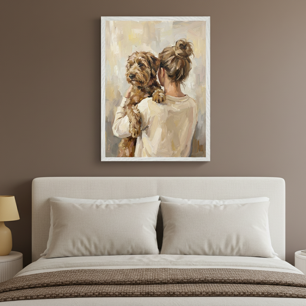 Modern bedroom with a beige bed and headboard. A framed impressionistic painting hangs centered above the bed, showing a woman from behind holding a brown fluffy dog that looks towards the viewer. The painting uses muted, warm tones.