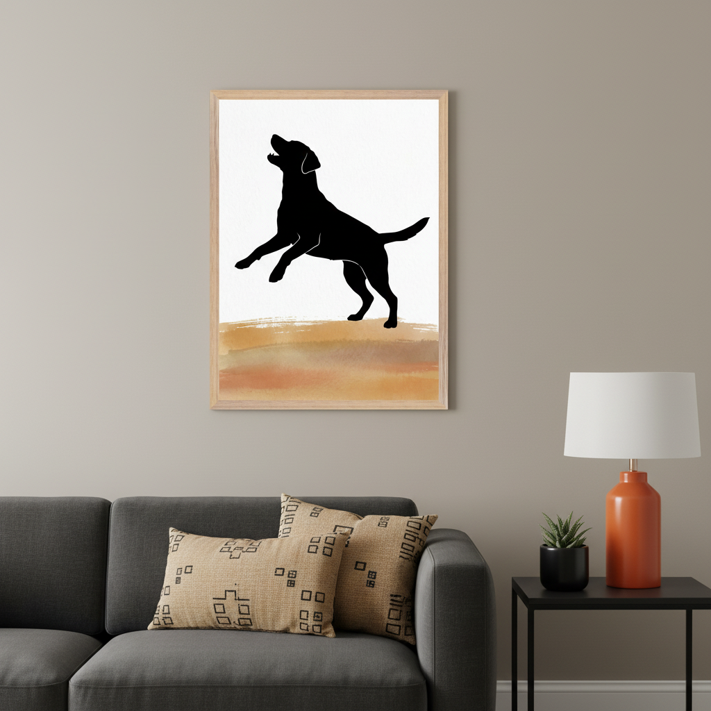 Modern living room with a dark gray sofa and two patterned pillows. A framed print of a black dog silhouette jumping, with a white background and brown watercolor-style bottom, hangs above the sofa. A black side table with an orange lamp and plant is to the right.