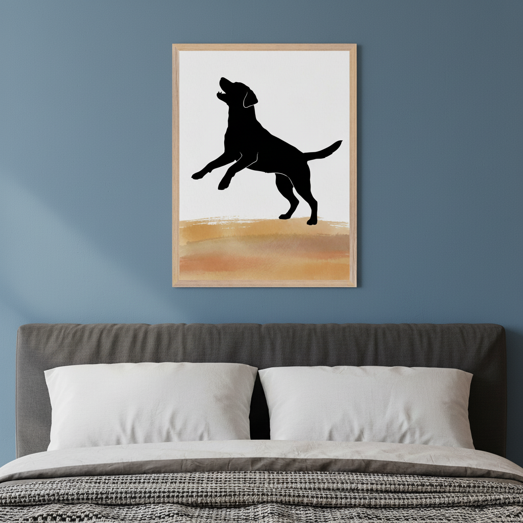 Modern bedroom with a gray upholstered bed and white pillows. A light wood framed print of a black dog silhouette jumping on an abstract brown ground hangs above the bed on a blue wall.