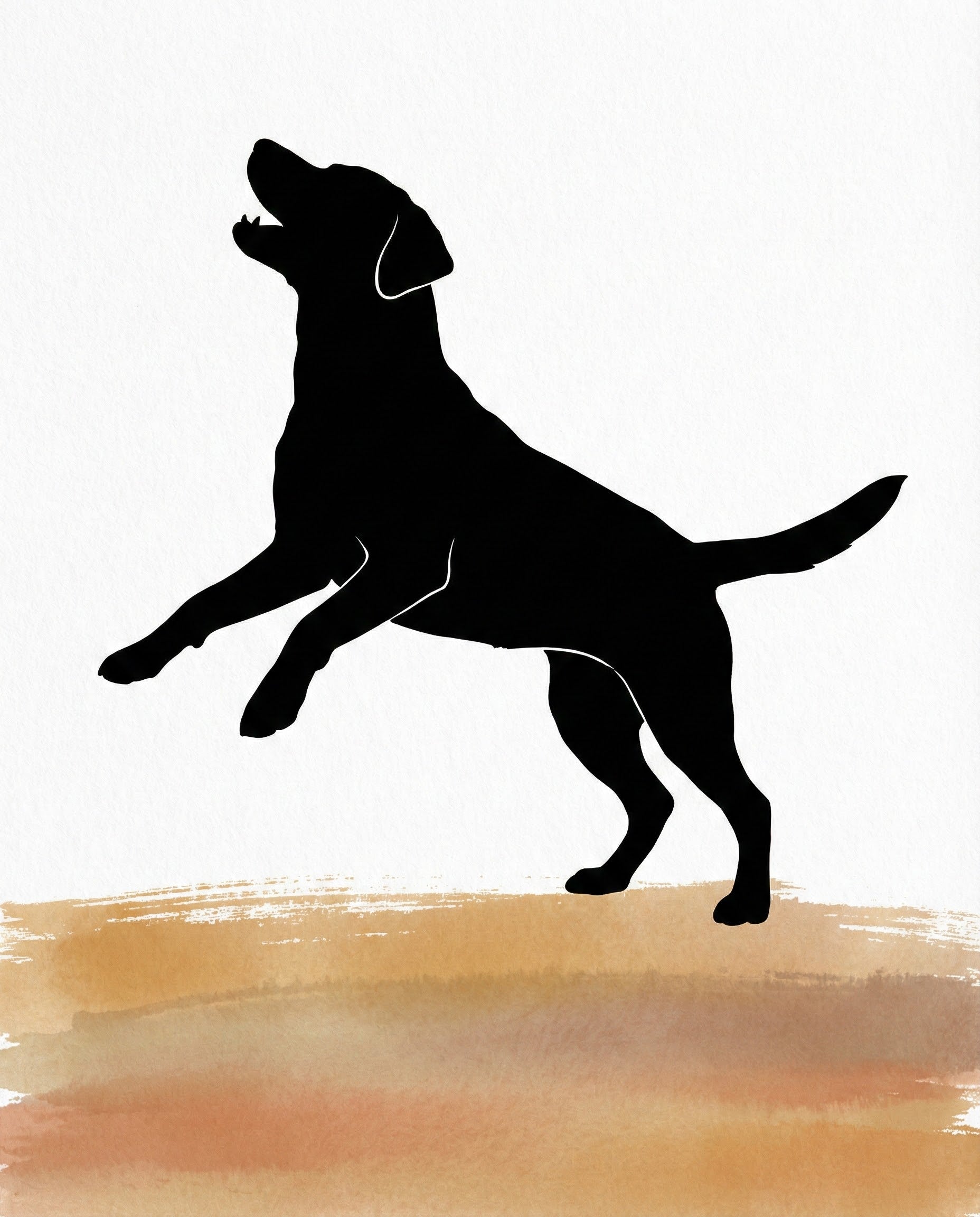 A black silhouette illustration of a Labrador retriever standing on its hind legs with its mouth open as if barking or playing, set against a textured beige and white background, perfect for pet-themed designs appealing to both kids and adults.
