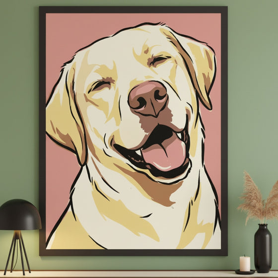 Modern room with a green wall and white console table. A large black-framed graphic illustration of a yellow Labrador dog with eyes closed, smiling, and tongue out is centered above the table, with a black lamp, vase, and candle on the table.