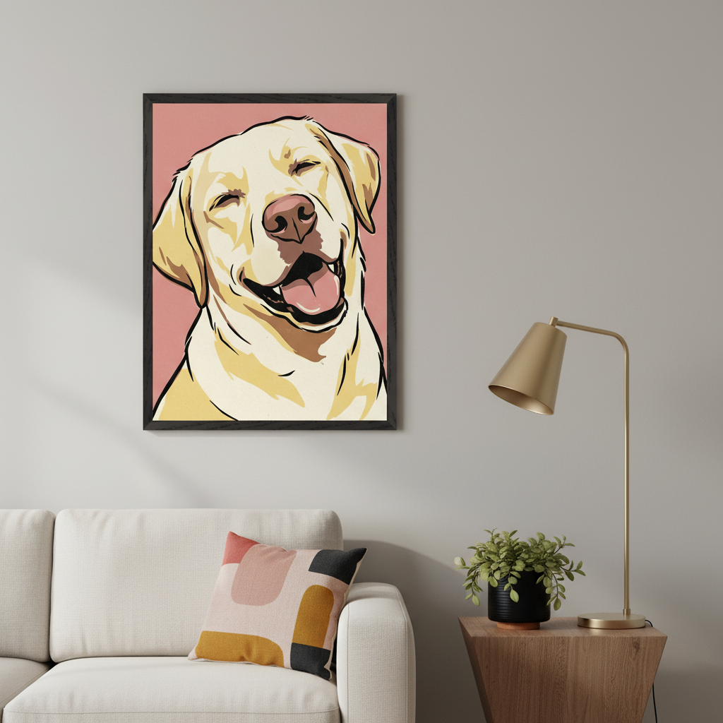 Modern living room with a white sofa and a wooden side table. A framed pop art illustration of a happy yellow labrador retriever on a pink background hangs above the sofa. A brass lamp and a potted plant are on the side table.