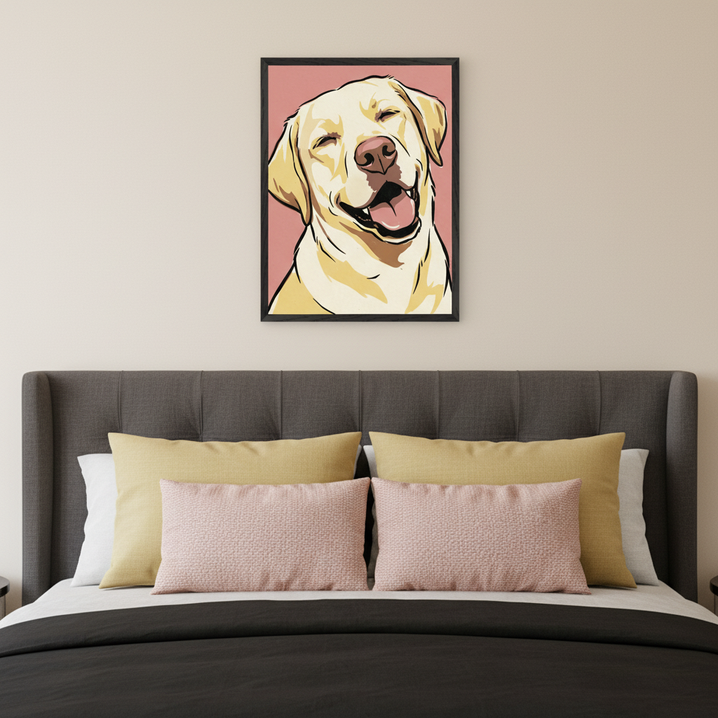 Modern bedroom with a bed and dark gray upholstered headboard. A framed cartoon illustration of a happy yellow Labrador dog on a pink background hangs centered above the bed.