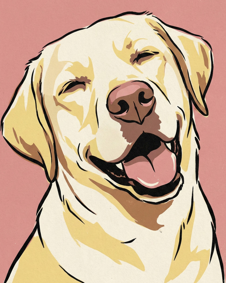A cheerful illustrated portrait of a yellow Labrador retriever with its eyes closed and tongue out, drawn in a comic style with a pink background, conveying happiness and friendliness ideal for dog lovers of all ages.

