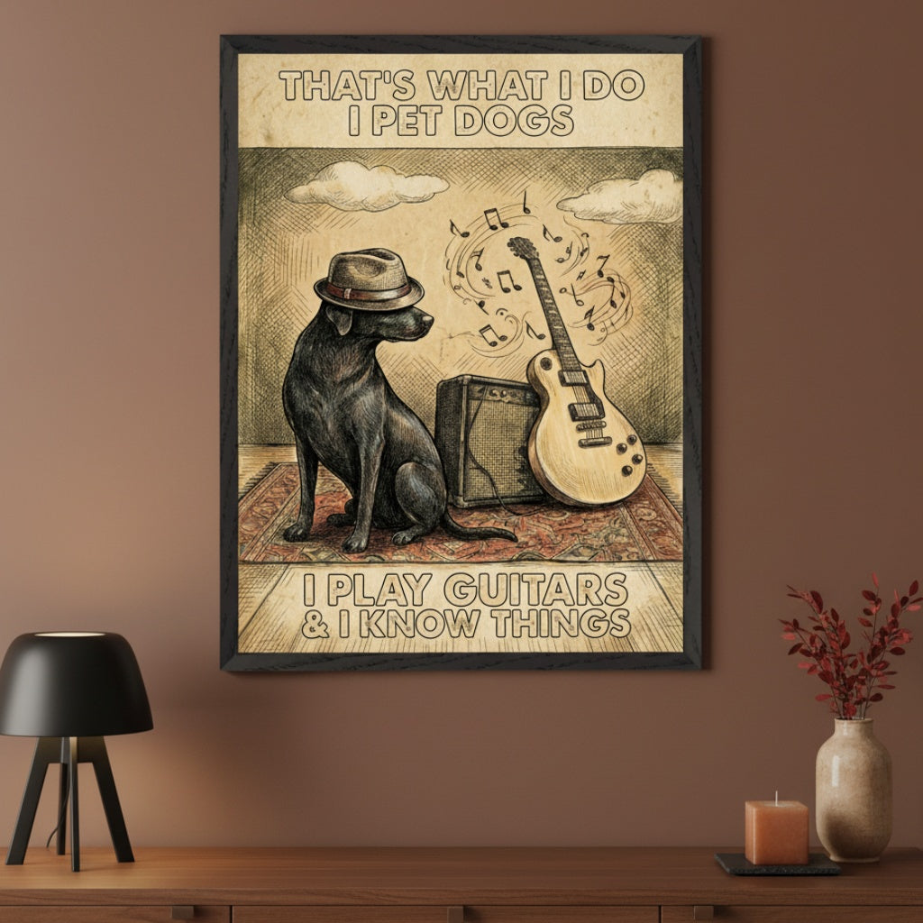 A contemporary room with a dark wooden dresser against a brown wall. Above it, a framed vintage-style illustration features a dog in a fedora, a guitar, amplifier, musical notes, and text: "I pet dogs, play guitars & know things."