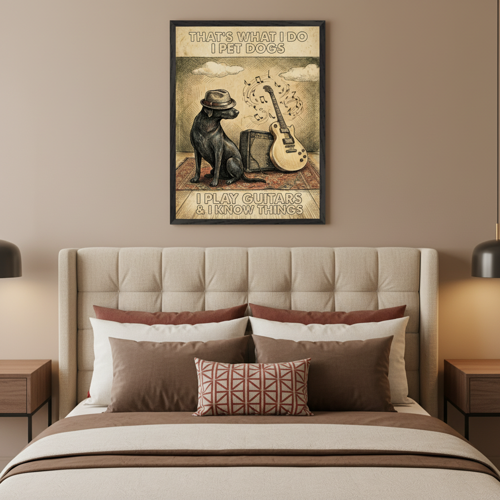 Modern bedroom with a beige tufted bed. A framed poster hangs above the bed, depicting a black dog in a hat, an electric guitar, and an amplifier. Text reads: "THAT'S WHAT I DO I PET DOGS I PLAY GUITARS & I KNOW THINGS."
