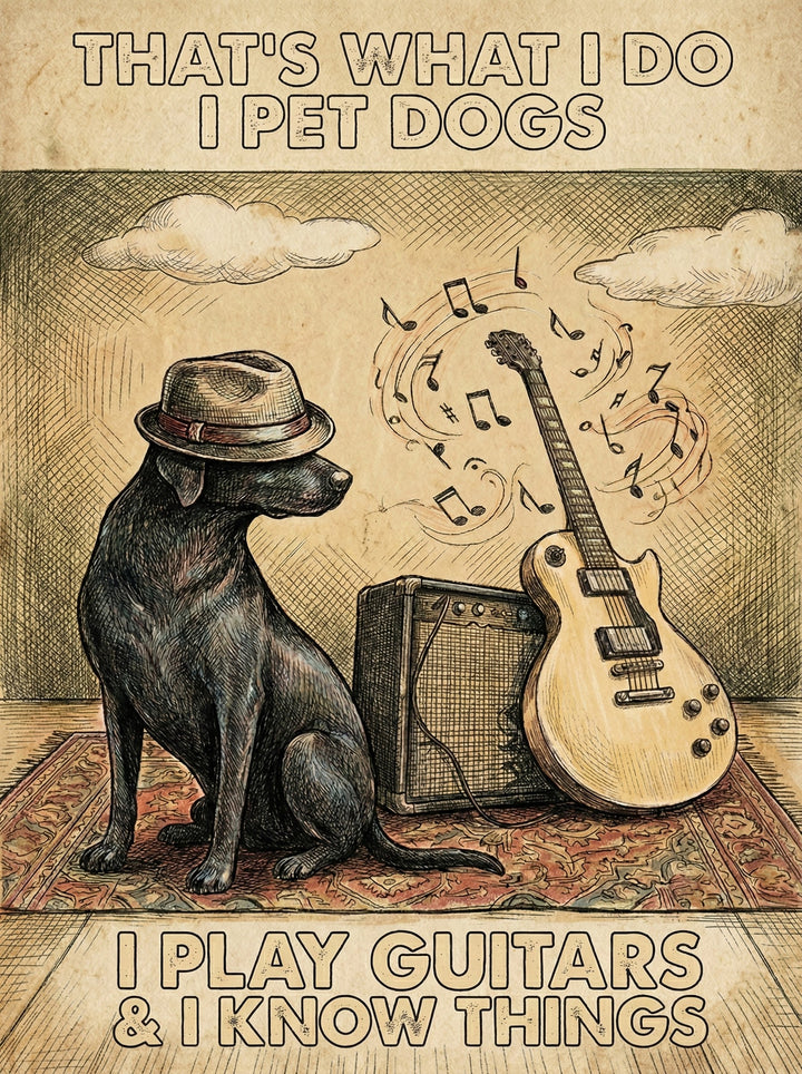 A humorous illustration of a black dog wearing a fedora, surrounded by swirling musical notes, with a guitar and amplifier nearby, accompanied by the playful text "That's what I do, I pet dogs, I play guitars & I know things."
