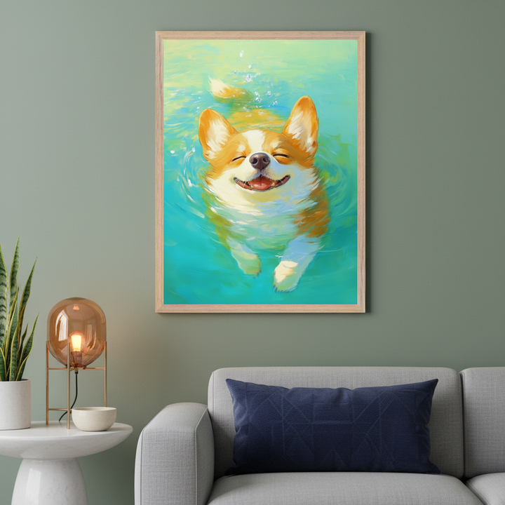 Modern living room with a grey sofa, white side table, and an amber lamp next to a snake plant. A framed painterly artwork of a smiling corgi swimming in bright blue-green water hangs above the sofa.