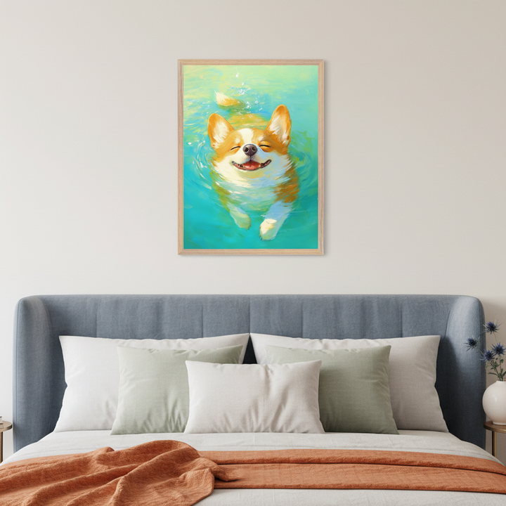 Modern bedroom with a blue upholstered bed. A framed painting of a happy corgi dog swimming in blue water, in a painterly style, hangs centered above the bed.