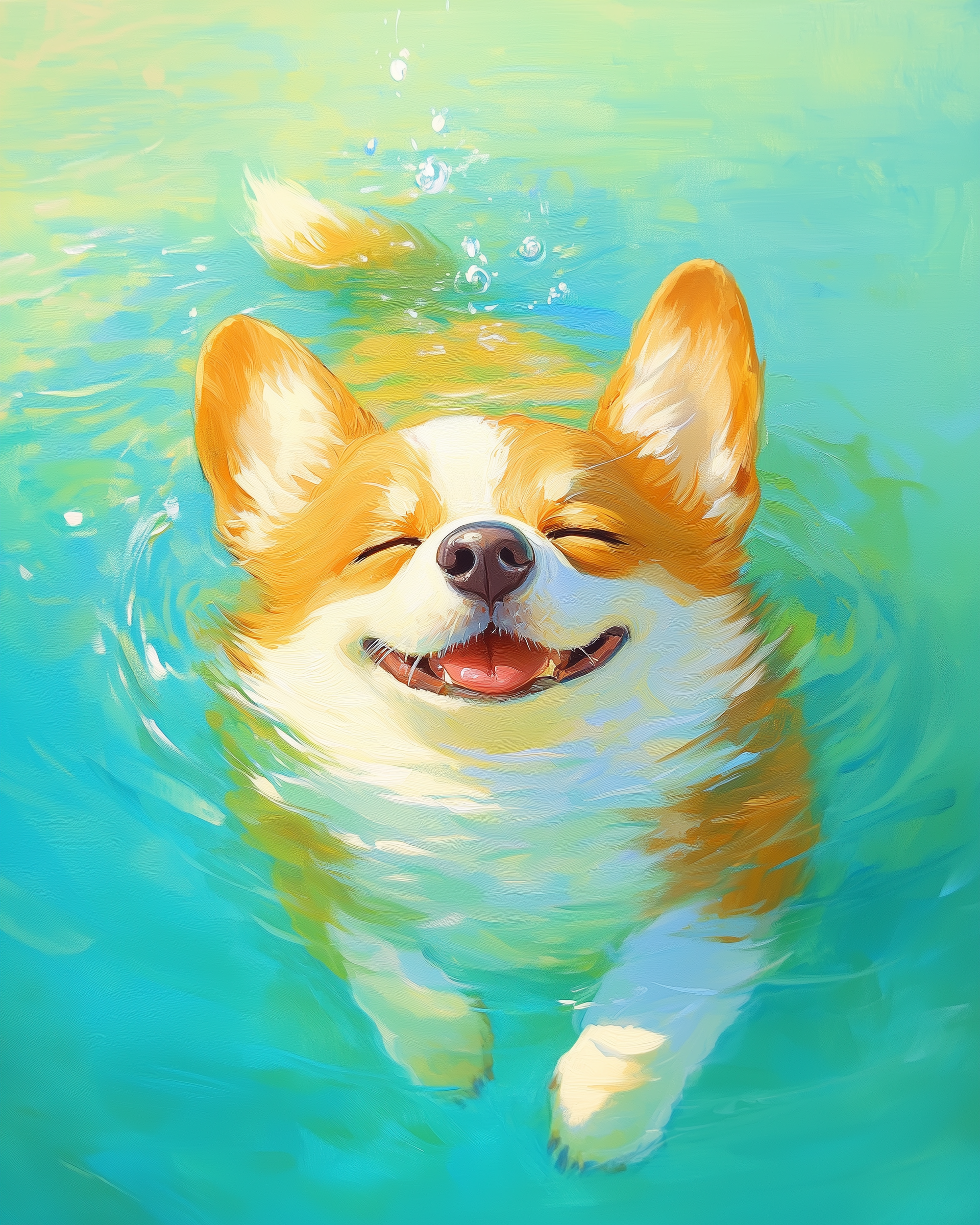 A cheerful corgi swims in clear turquoise water, eyes closed and mouth open in a happy expression, with its ears perked up and tail visible above the surface.