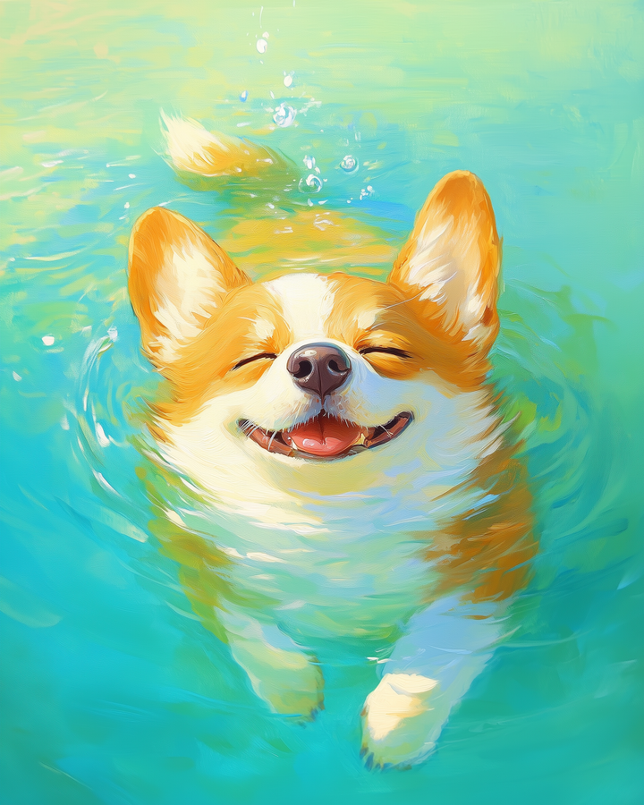 A cheerful corgi swims in clear turquoise water, eyes closed and mouth open in a happy expression, with its ears perked up and tail visible above the surface.