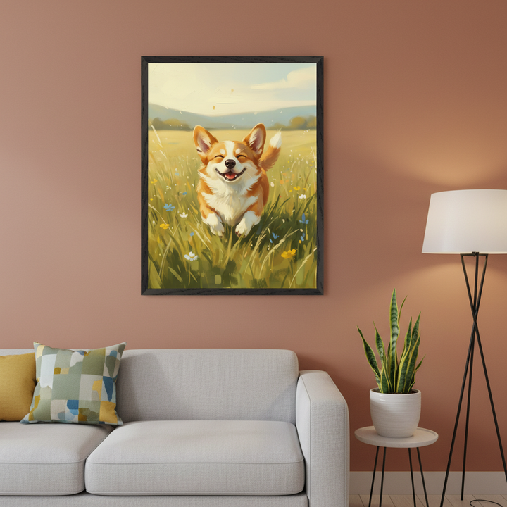 Modern living room with a dusty rose wall. A light gray sofa sits below a black-framed painting of a happy corgi running through a sunny field of wildflowers in a painterly style. To the right, a white side table holds a snake plant, next to a black floor lamp.