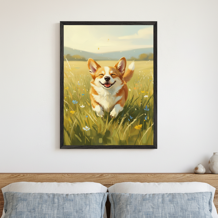 Contemporary bedroom with a wooden headboard and two blue pillows. A framed painting of a happy corgi running in a sunny, flower-filled field hangs centered above the bed.