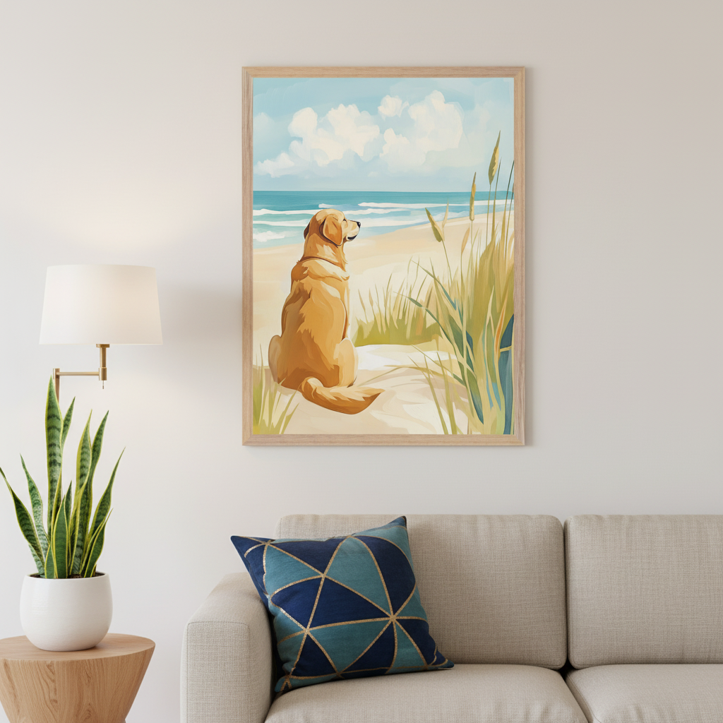 Modern living room with a light-colored sofa. Above it hangs a framed, painterly illustration of a golden retriever sitting on a sandy beach, gazing at the ocean with dunes and tall grass. A floor lamp and snake plant on a side table are to the left.
