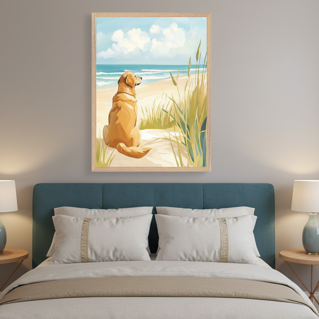 Modern bedroom with a teal upholstered bed. A framed painting hangs centered above the bed, depicting a golden retriever sitting on a sandy beach, looking at a blue ocean under a cloudy sky, with tall grass on the right.