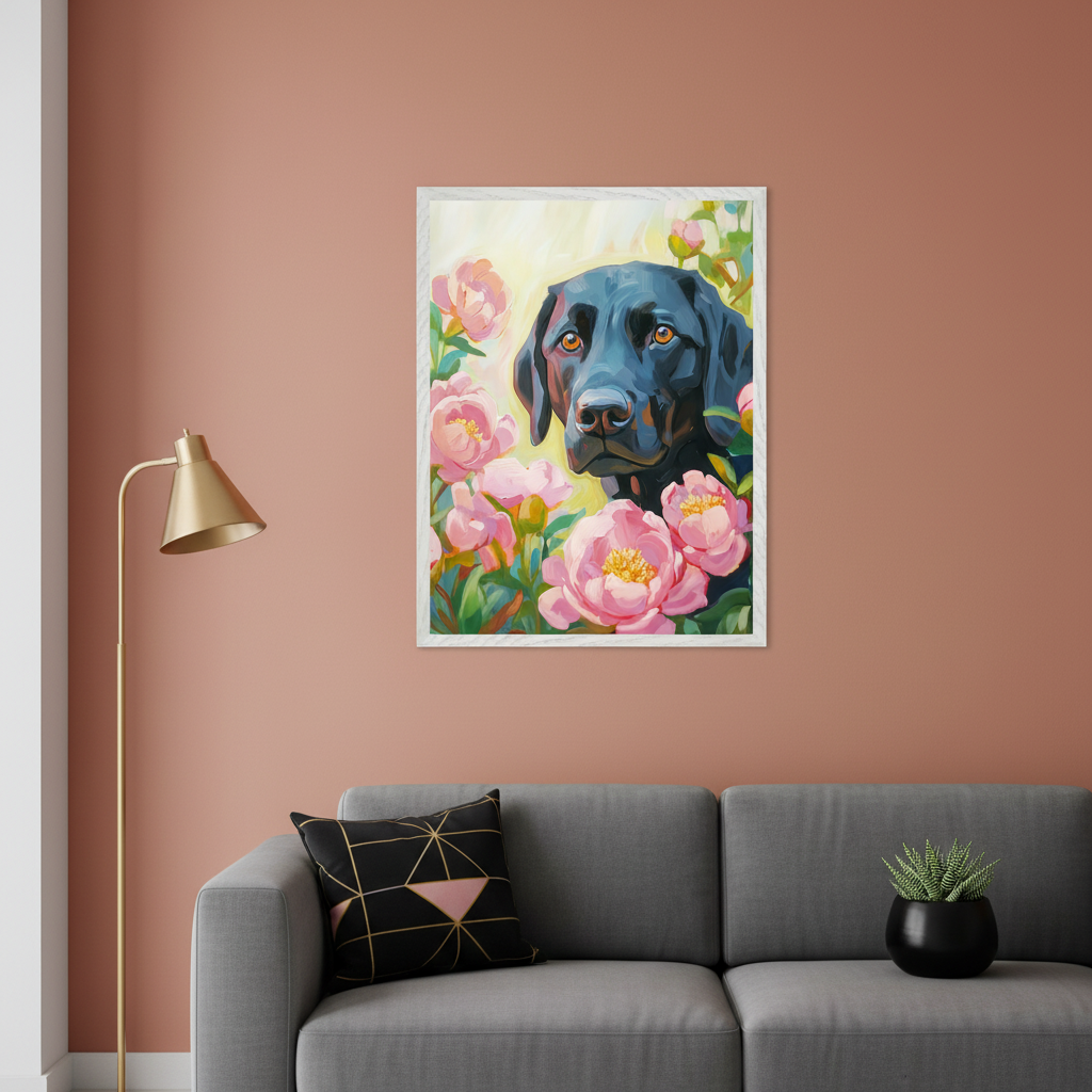 Living room with a gray sofa. A framed painting of a black Labrador with pink peonies in a vibrant, illustrative style hangs on a peach wall above the sofa. A gold floor lamp, black patterned cushion, and potted plant are also visible.