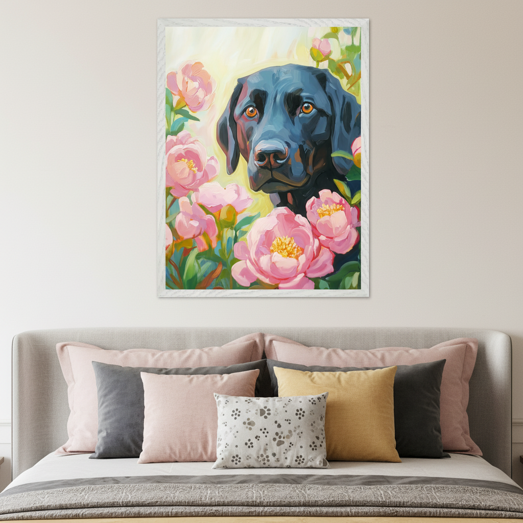 Modern bedroom with a grey upholstered bed and decorative pillows. A large framed painting of a black Labrador dog among pink peonies, in a painterly style, hangs centered above the bed.