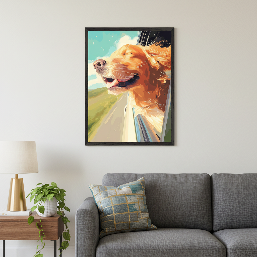 Modern living room with a gray sofa and a wooden side table. A framed print of a golden retriever dog with its head out of a car window, fur blowing in the wind, hangs above the right side of the sofa. The artwork is a bright, stylized illustration.